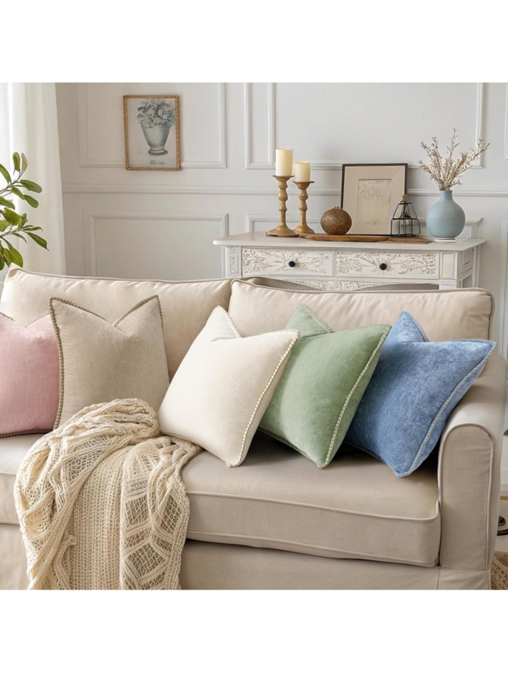 Sage Green Texture Sage Green Accent Pillow Cover with Braided Trim 20x20 - Picture 2 of 6